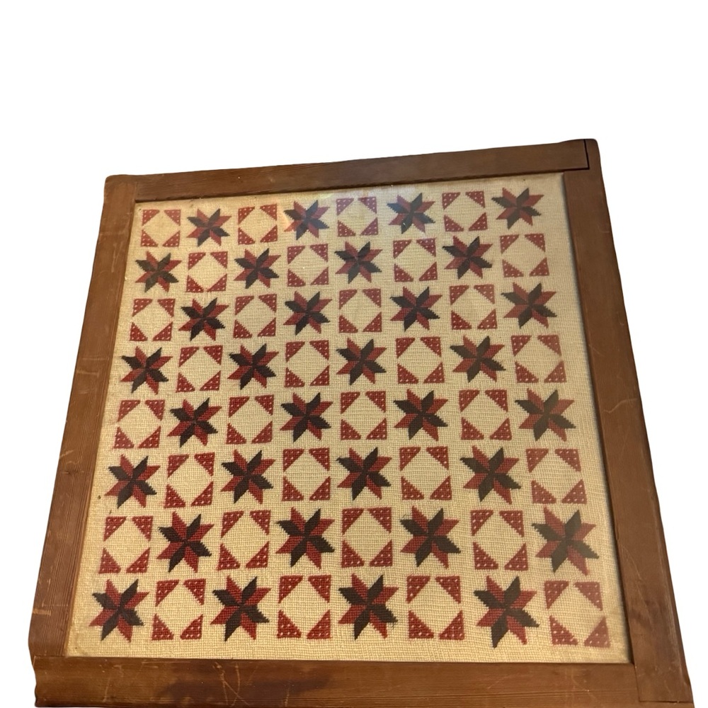 Vintage Framed Quilt Art | Hand-Stitched Red & Black Star Pattern signed